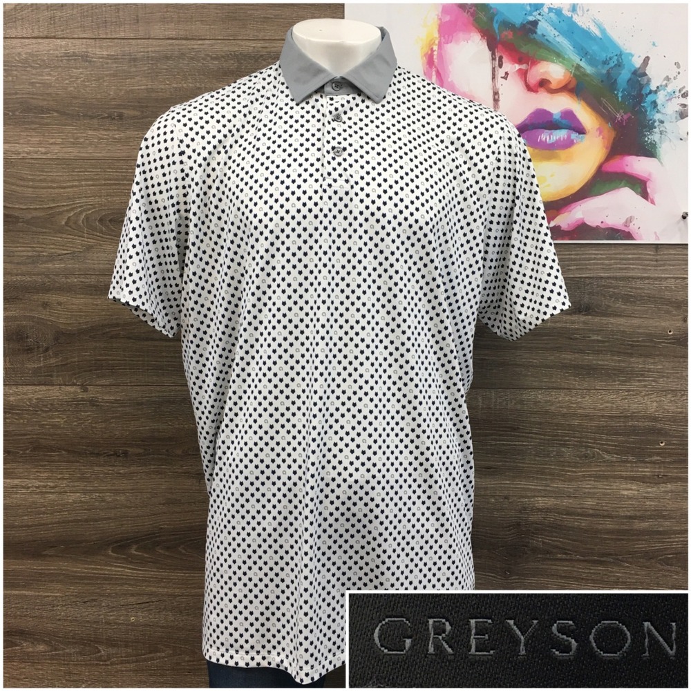 Greyson Mens XXL All Over Wolf Head Print Performance Golf Polo Shirt Grey Trim